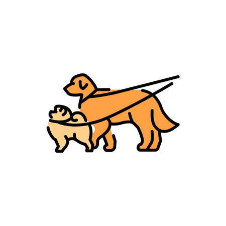 Walk with pets golden retriever and spitz color line icon. Dog training. Animal education.のイラスト素材