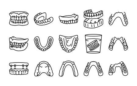 False teeth line icons set. Dental prosthetic. Vector illustrationのイラスト素材