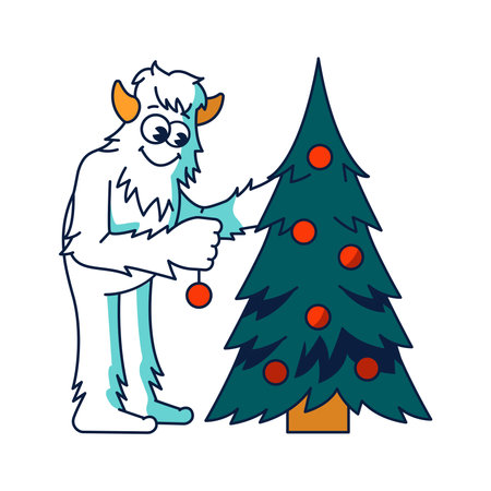 Yeti character decorates the Christmas tree color line illustartion. Vector isolated element. Editable stroke.のイラスト素材