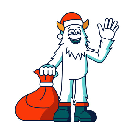 Yeti character with a bag of Christmas presents color line illustartion. Vector isolated element. Editable stroke.のイラスト素材
