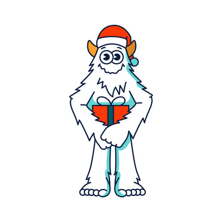 Yeti character with a New Year's gift color line illustartion. Vector isolated element. Editable stroke.のイラスト素材