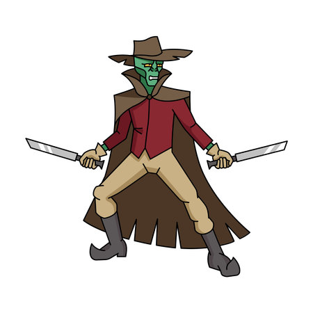 Monster in a cloak and hat with swords at the ready color line illustration. Fictional character. Editable strokeのイラスト素材