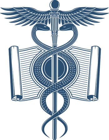 Wand of Hermes of the two snakes and wings on a background of parchmentのイラスト素材
