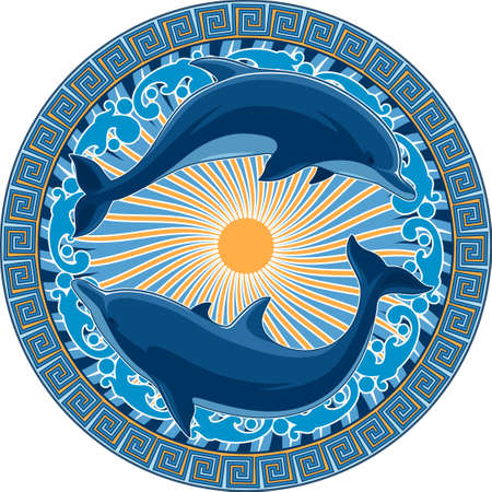 Vector image. Dolphins on the background of ancient Greek ornament and design elements on a marine theme.のイラスト素材