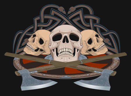 Vector composition of skulls and weapons on a theme of the Middle Ages for printing and design of tattoos, T-shirts.のイラスト素材