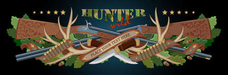 Vector composition on the theme of hunting. Ancient hunting weapons and trophies against green branchesのイラスト素材