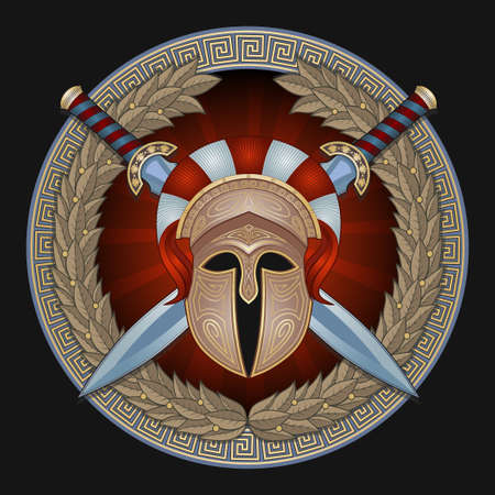 Vector illustration on the theme of ancient Greece. Weapons and armor of the ancient world. A badge from an old helmet and swords on a shield.のイラスト素材