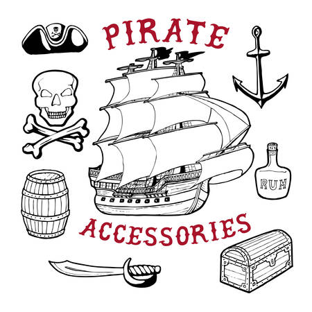 56 Pirate Accessories. Handmade ship, roger, barrel, sword, hat, chest, skull, rum bottle, bones retro style. Design fashion apparel textured print. T shirt graphic vintage grunge vector illustration badge label template.のイラスト素材