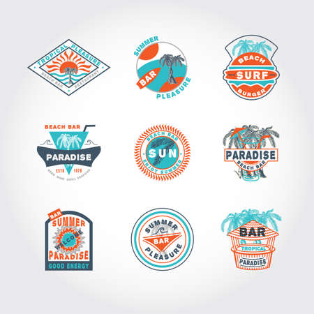 Set concept badge icon on the basis of a palm tree drawn by hand. Vector illustration, template for graphic design logos emblems labels for beach bars, restaurants, cafe and other businessのイラスト素材