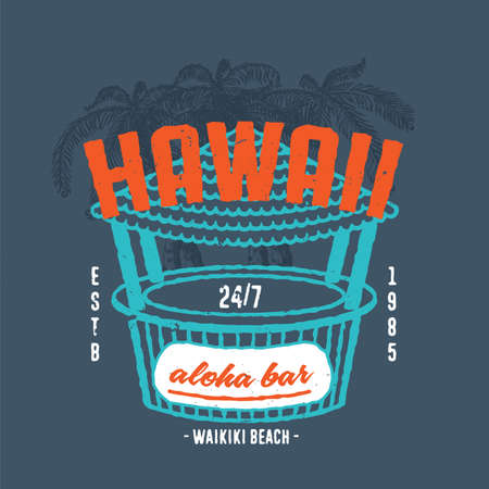 HAWAII ALOHA BAR. Handmade Palms trees retro style. Design fashion apparel textured print. T shirt graphic vintage grunge vector illustration badge label logo template.のイラスト素材
