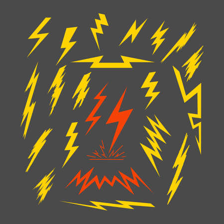 A set of electric lightning. Isolated vector illustration. Templates of graphic elements for vintage logos, label and design vintage and stylish badges to print on t-shirts.のイラスト素材