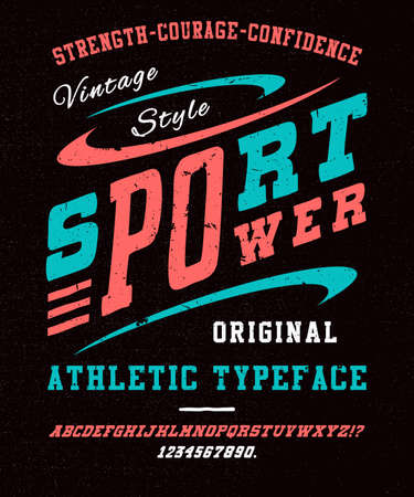 SPORT POWER FONT crafted retro vintage typeface design. Original handmade textured lettering type alphabet on BLACK background. Authentic handwritten font. T shirt graphic grunge vector illustration badge label logo templateのイラスト素材