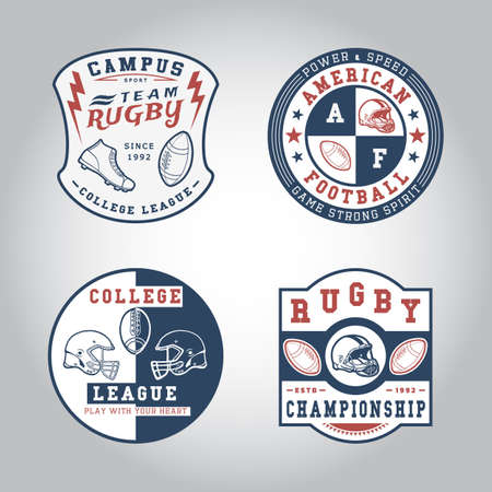 SET OF BADGE RUGBY. Handmade football ball, shoes, helmet retro style. Design fashion apparel texture print. T shirt graphic vintage grunge vector illustration badge label logo template.のイラスト素材