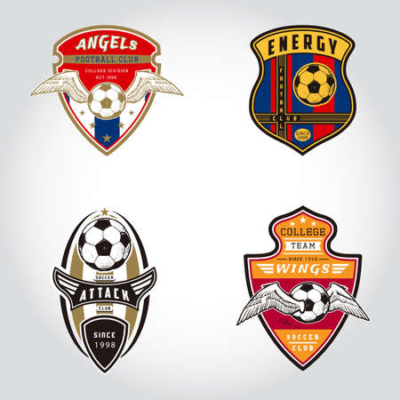 SET OF SOCCER BADGE LOGO . Handmade football ball. Sport Team identity vector illustrations isolated on white background. Collection themed T shirt graphics. Design templates fashion apparel print.のイラスト素材