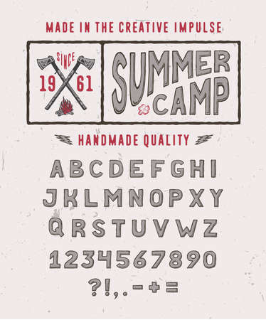 SUMMER CAMP FONT crafted retro vintage typeface design. Original hand made lettering type alphabet on white light background. Authentic handwritten set of characters, vector letters.のイラスト素材