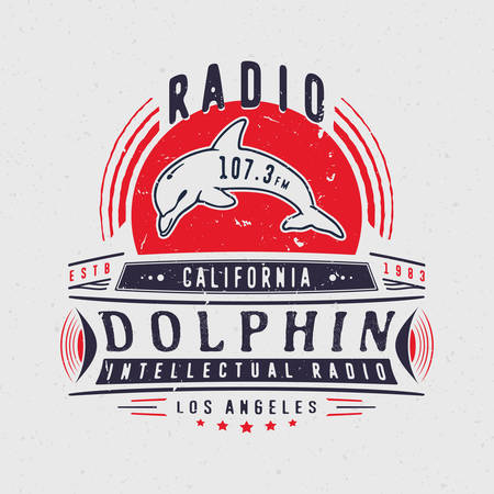 RADIO DOLPHIN. Vintage badge with dolphin. Design fashion apparel textured print. T shirt graphic grunge vector illustration badge label logo template.のイラスト素材