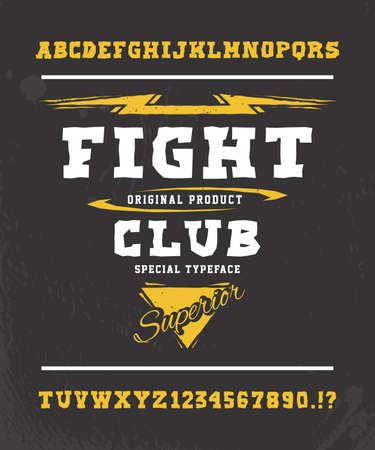FIGHT CLUB. Hand crafted retro vintage typeface design. Original handmade lettering type alphabet. Authentic handwritten graphic font, vector letters.  Illustration fashion badge label logo template.のイラスト素材