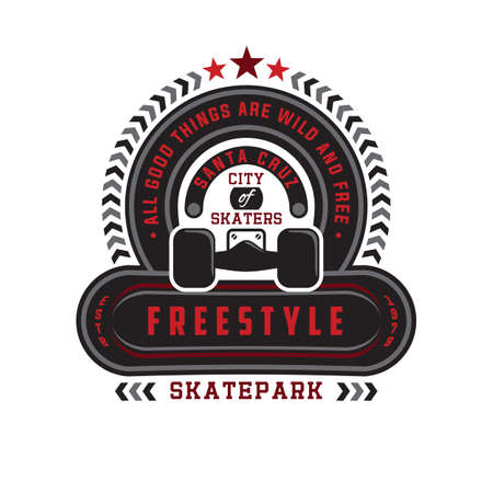 FREESTYLE SKATE PARK. CITY OF SKATERS SANTA CRUZ CALIFORNIA. Design fashion apparel print. T shirt graphic modern vector illustration badge insignia emblem label logo template.のイラスト素材