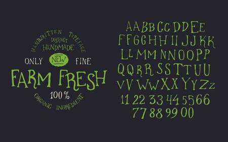 Organic handwritten font FARM FRESH. Hand crafted typeface design. Original handmade alphabet type on black background. Isolated doodle vector letters and numbers. Ecology template badge.のイラスト素材
