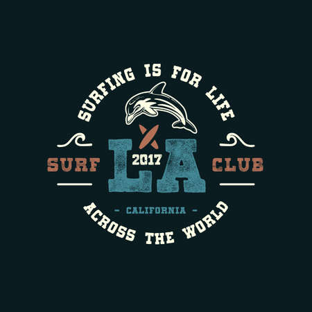 LA SURF CLUB. Handmade dolphin retro style. Design fashion apparel print. T shirt graphic vintage grunge vector illustration badge label icon template.のイラスト素材