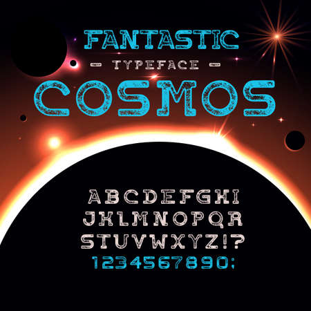 Font FANTASTIC COSMOS. Universal geometric typeface design. Modern display vector alphabet. A complete set of letters and numbers. Illustration badge label logo template.のイラスト素材