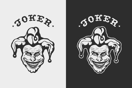 Laughing Head Joker. Hand drawn character. Craft retro graphic design fashion apparel print. T shirt graphic vintage vector illustration label logo sign symbol emblem. White and black background.のイラスト素材