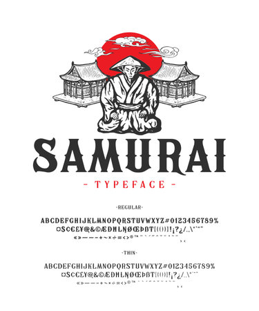 Vector vintage font Samurai. Letters and numbersのイラスト素材
