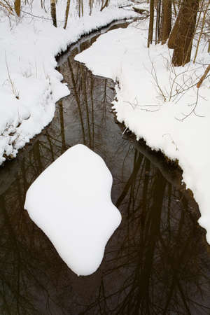 Winter in the middle zone of Russia. A beautiful picturesque island covered with snow in the middle of the creek.の写真素材