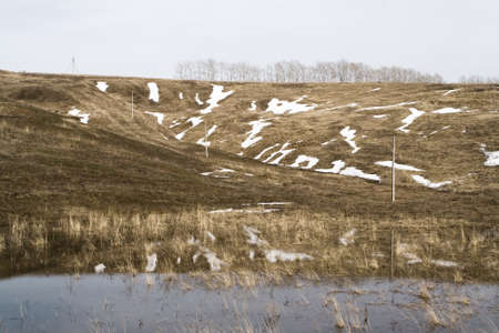 Spring landscape with melting snow and withered grass. The middle strip of Russia.の写真素材