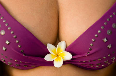 Erotica. A flower of a gentle magnolia adorns a woman's breast.の写真素材