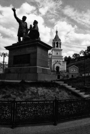 Nizhny Novgorod, Russia, July 27, 2013: Silhouette of the monument to Minin and Pozharsky in Nizhny Novgorod. Attention! The image contains the graininess of the photographic film!のeditorial素材