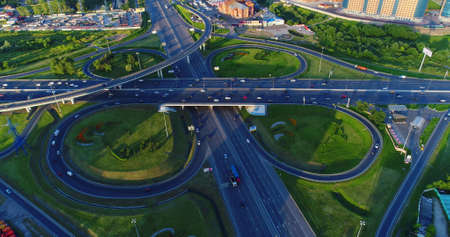 Road junction of the highway Enthusiasts and the Moscow Ring Road. View from above.のeditorial素材