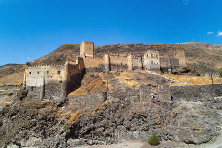 Khertvisi fortress in Georgia on a summer day. Aerial photography.
