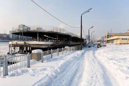 Burnt-out ship near the South River Station. Moscow.のeditorial素材