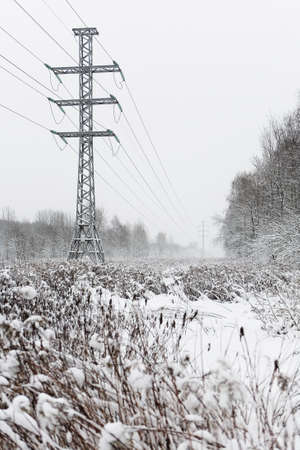 High voltage power lines in winter. Moscow.