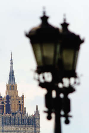 Defocus on street lights against the background of Stalin's skyscraper. Moscow.の写真素材