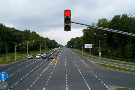A traffic light shows a red signal. Aerial photography.