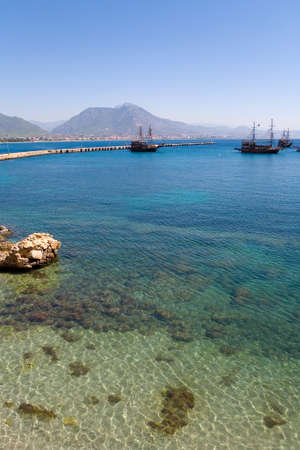 Clear transparent water of the Mediterranean Sea and ancient ships. Turkey.の写真素材
