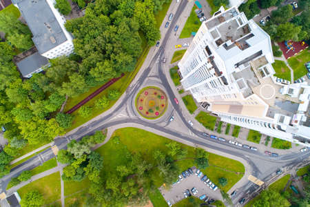 Top view of a flower bed and a roundabout road. Aerial photography.の写真素材