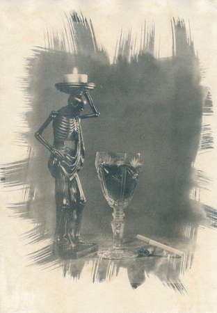 Still life with a sculpture of a skeleton. Attention! The image is printed on watercolor paper and...