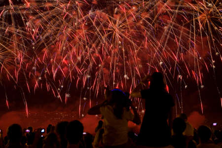 Beautiful fireworks in the dark evening sky. In the foreground are the silhouettes of spectators.の写真素材