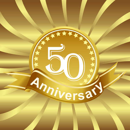 50th anniversary ribbon logo with golden rays of light.のイラスト素材
