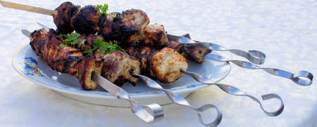 Fried shish kebab on a plate.の写真素材