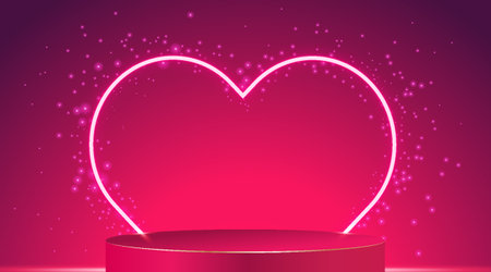 Vector valentine, purple podium on a bright background with a large neon heart.Beautiful pink illustration for the decor of a card for Valentine's Day, Mother's Day, March 8, wedding. The concept of the holidayのイラスト素材