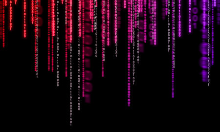 Neon binary code on black background.Binary binary code in pink and magenta gradient.New...