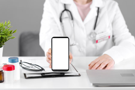 The doctor holds the phone in front of him with a white background and copy space. A doctor in the...