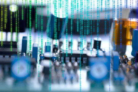 Close-up electronic circuit board with binary code. Defocused background with copy space. Computer technologies and details. Technique, technology, electronics, device.の写真素材