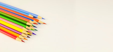 Back to school. Multicolored pencils on a light background with copy space. The concept of learning, education. High quality photoの写真素材