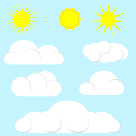 A set of sun and cloud icons on a white background to use. Collection of natural elements for illustrating magazines, books and articles, nature, clouds, sunのイラスト素材