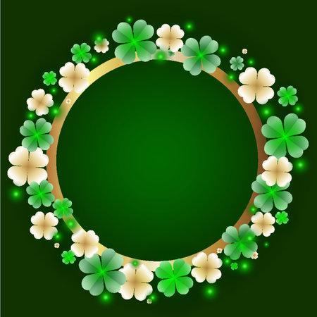 A round golden frame with green clovers, blurred lights on a dark background. Beautiful illustration, St. Patrick Day, greeting card, space for copy, text and advertising.のイラスト素材